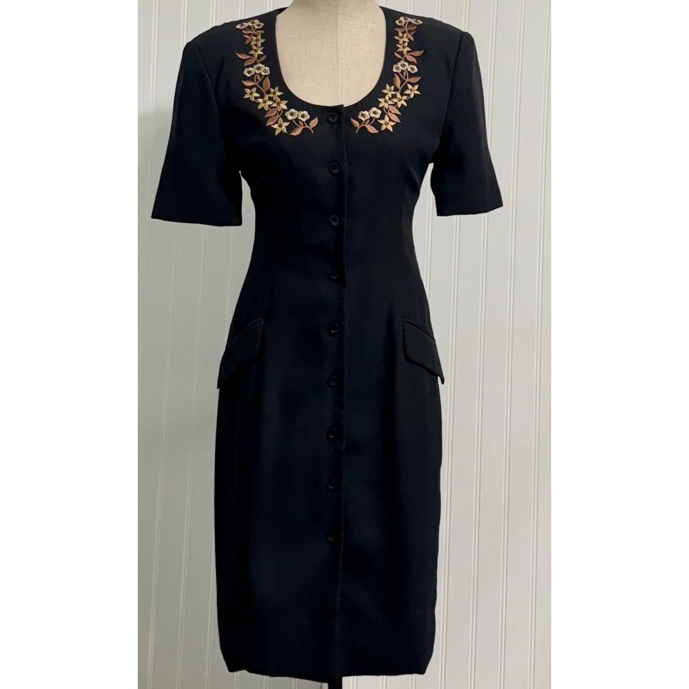 Liz Claiborne VTG Black Midi Dress 8 Floral Embroidered Button Front 90s Modest